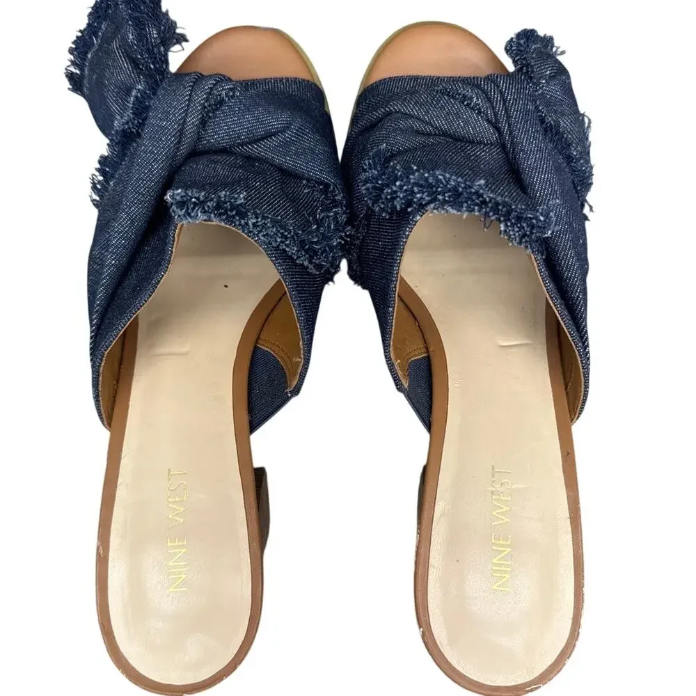 Nine West Byron Denim Fringe Bow Slide Block Heel Sandals Women 10